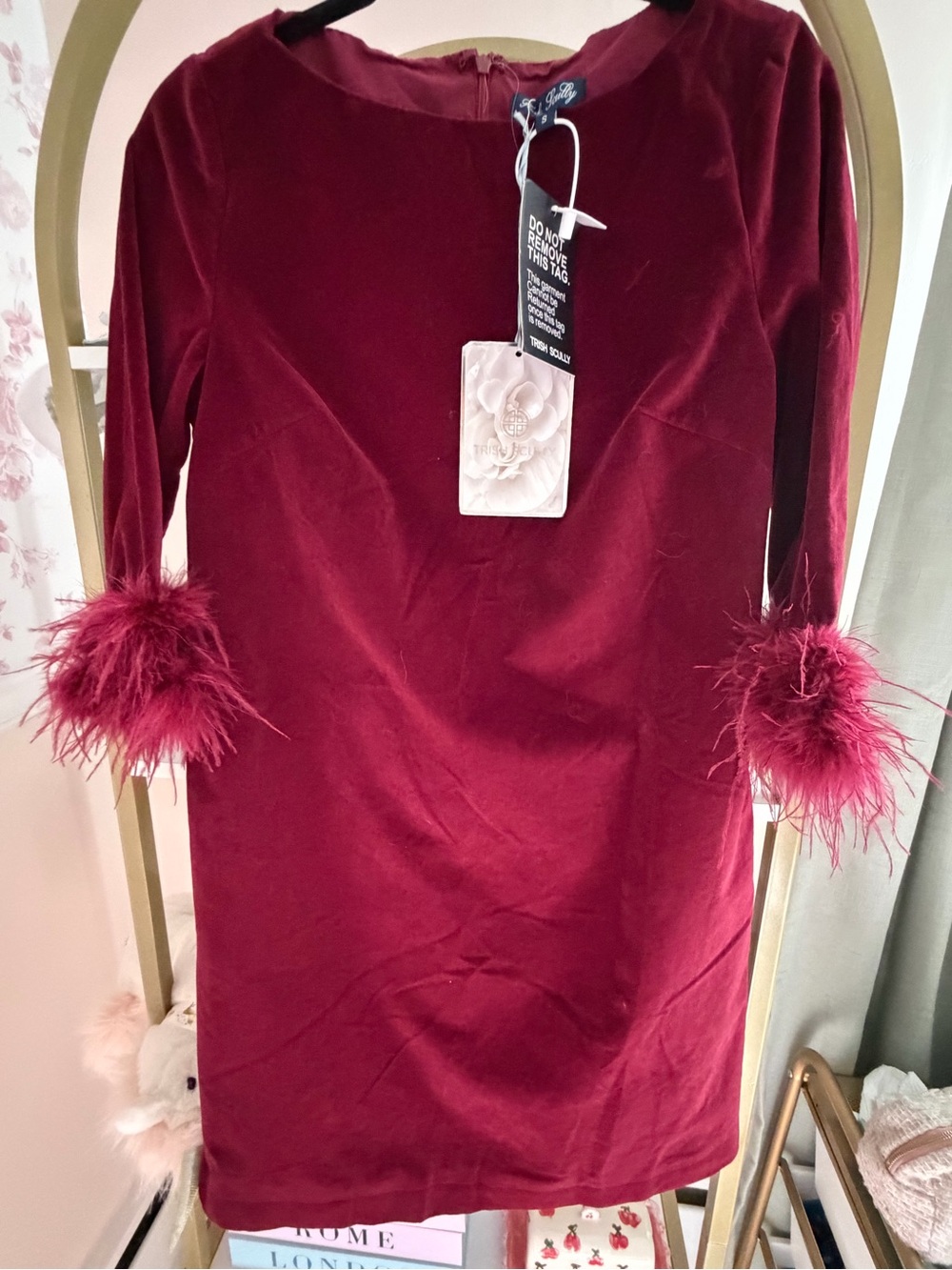 Trish Scully Velvet Mini Dress with Feather Cuff Detail — Burgundy
